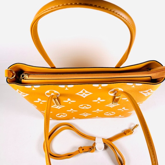 Trendy orange/white monogram pattern tote shoulder crossbody bag/wallet set gold - Picture 7 of 14